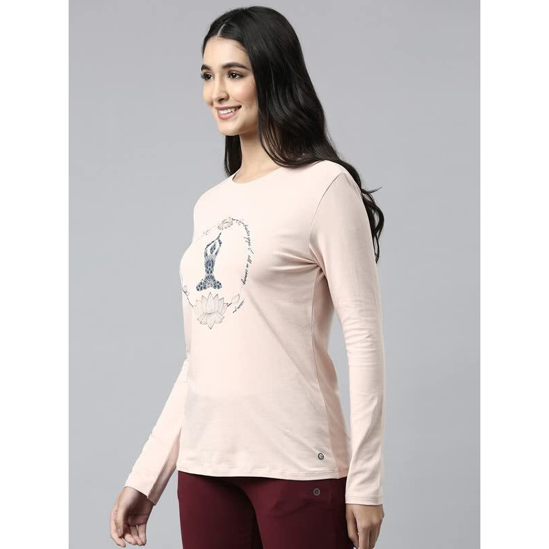 Enamor Essentials Full Sleeve Round Neck Slim Fit Stretch Cotton Lounge Tshirt For Womens-E157 (E157_Rosewater_Xl)