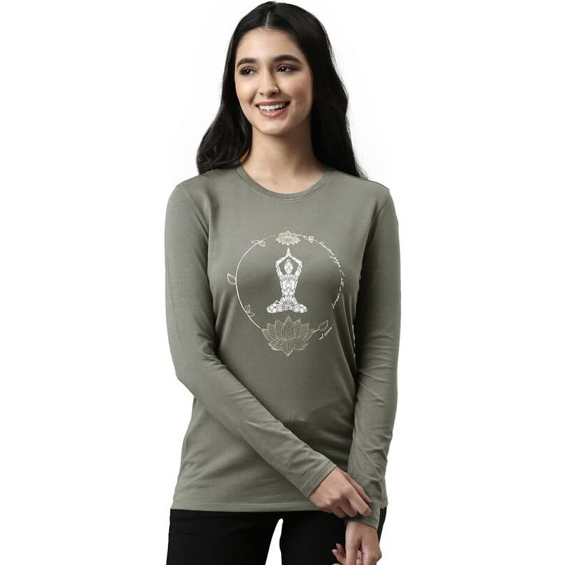 Enamor Essentials Full Sleeve Round Neck Slim Fit Stretch Cotton Lounge Tshirt For Womens-E157 (E157_Ash Grey/Lotus Yogini_S)