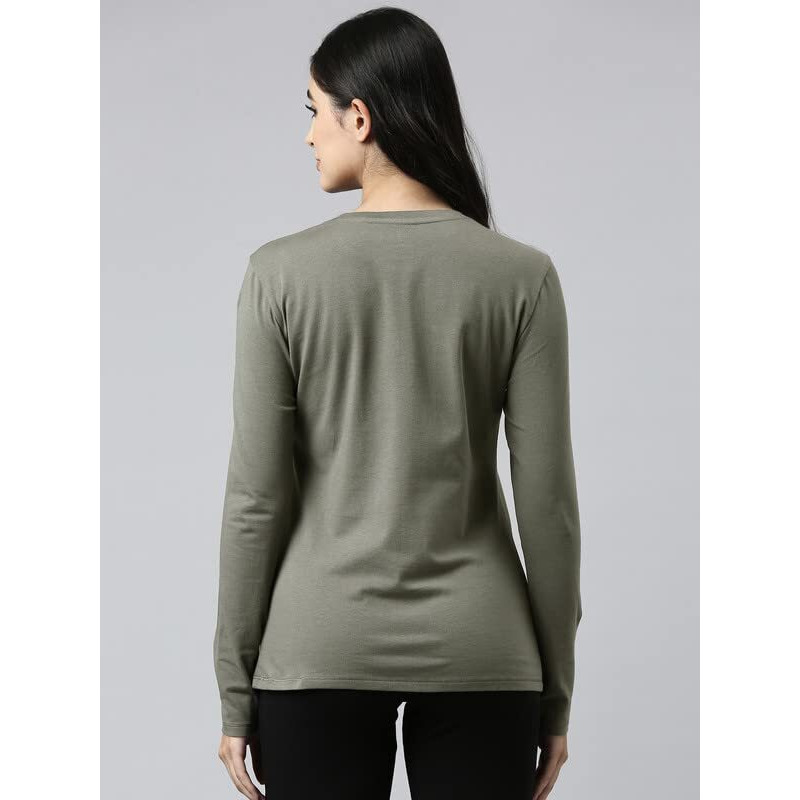 Enamor Essentials Full Sleeve Round Neck Slim Fit Stretch Cotton Lounge Tshirt For Womens-E157 (E157_Ash Grey/Lotus Yogini_S)