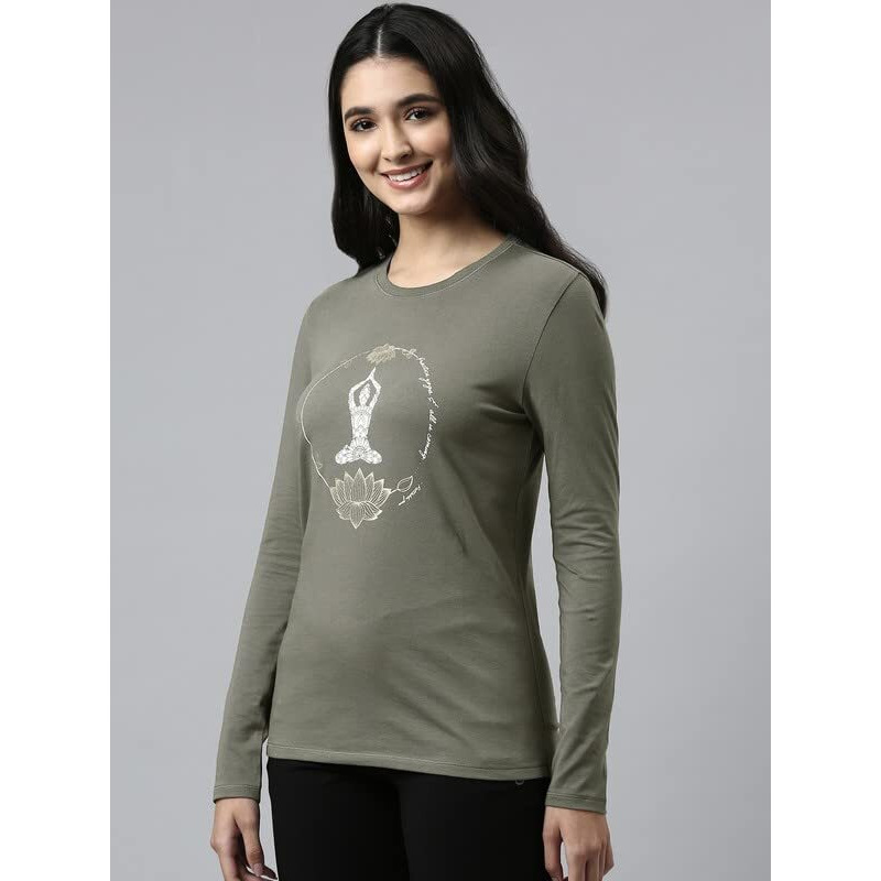 Enamor Essentials Full Sleeve Round Neck Slim Fit Stretch Cotton Lounge Tshirt For Womens-E157 (E157_Ash Grey/Lotus Yogini_S)