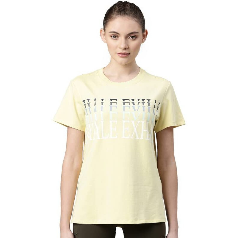 Enamor Athleisure Relaxed Fit Short Sleeve Round Neck Antimicrobial Finish Breathable Stretch Cotton Activewear Sports Tshirt For Women - A301 (A301_Lemon Cream/Inhale Exhale Graphic_S)