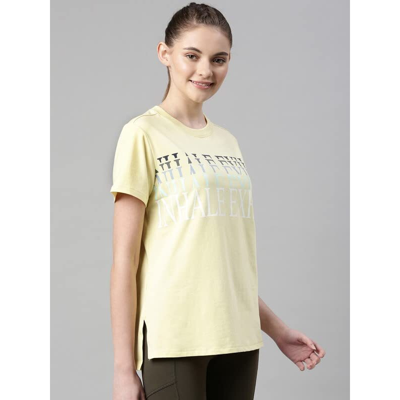 Enamor Athleisure Relaxed Fit Short Sleeve Round Neck Antimicrobial Finish Breathable Stretch Cotton Activewear Sports Tshirt For Women - A301 (A301_Lemon Cream/Inhale Exhale Graphic_S)