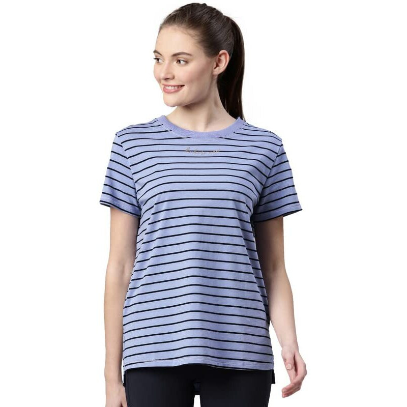 Enamor Athleisure Relaxed Fit Short Sleeve Round Neck Antimicrobial Finish Breathable Stretch Cotton Activewear Sports Tshirt For Women-A3S1 (A3S1_Purple Slate Stripe/Be Here Now Graphic_S)