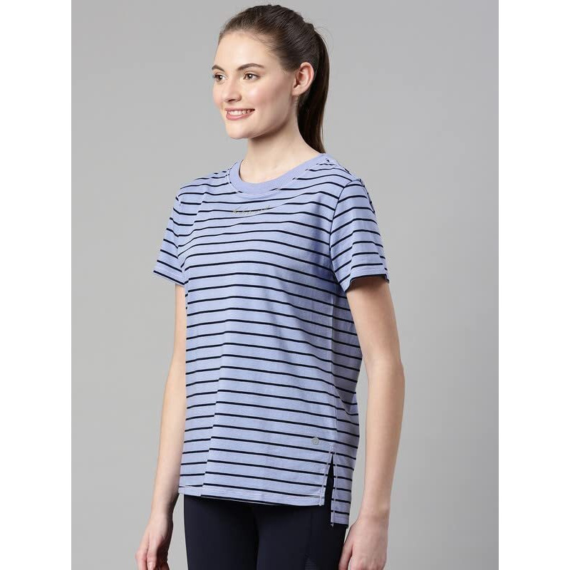 Enamor Athleisure Relaxed Fit Short Sleeve Round Neck Antimicrobial Finish Breathable Stretch Cotton Activewear Sports Tshirt For Women-A3S1 (A3S1_Purple Slate Stripe/Be Here Now Graphic_S)