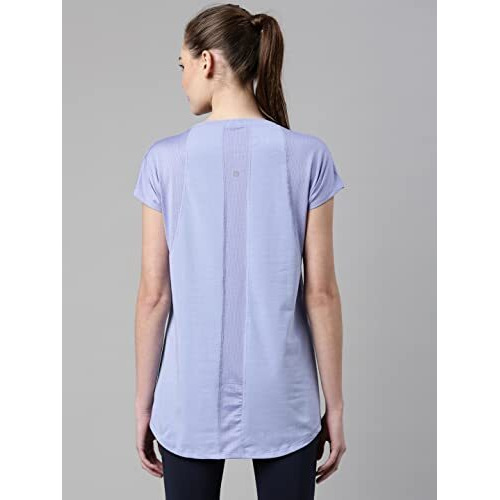 Enamor Womens Athleisure A305-Dry Fit Cotton Spandex With Antimicrobial Finish Active Stay Fresh Workout T-Shirt (A305_Purple Slate/Be Here Now_S)