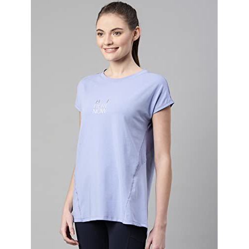 Enamor Womens Athleisure A305-Dry Fit Cotton Spandex With Antimicrobial Finish Active Stay Fresh Workout T-Shirt (A305_Purple Slate/Be Here Now_S)