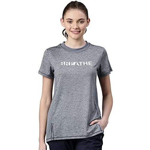 Enamor Womens Athleisure A306-Dry Fit With Antimicrobial & Sweat Wicking Crew Neck Short Sleeve Breathe Active Wear T-Shirt (A306_Navy Melange_S)