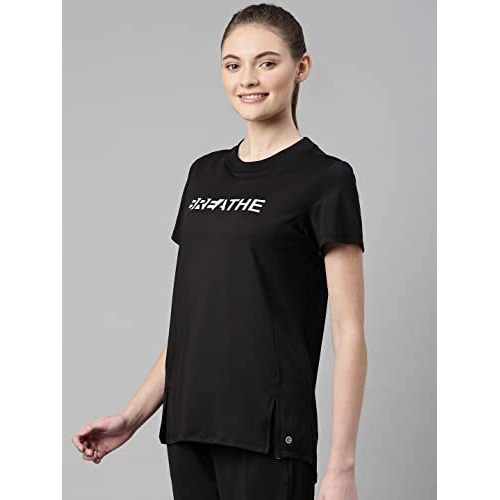 Enamor Womens Athleisure A306-Dry Fit With Antimicrobial & Sweat Wicking Crew Neck Short Sleeve Breathe Active Wear T-Shirt (A306_Jet Black_M)