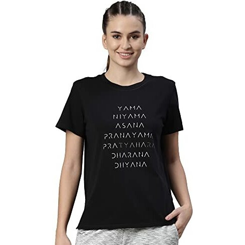 Enamor Athleisure Women's Short Sleeve Crew Neck Relaxed Fit Antimicrobial 4 Way Stretch Breathable Cotton Tee - A301(A301-Jet Black Yama Graphic-Xl)