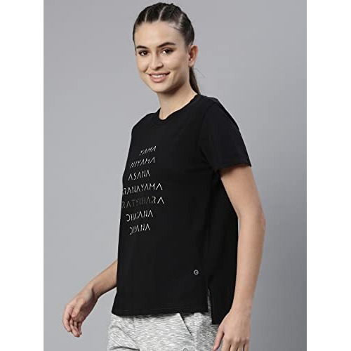 Enamor Athleisure Women's Short Sleeve Crew Neck Relaxed Fit Antimicrobial 4 Way Stretch Breathable Cotton Tee - A301(A301-Jet Black Yama Graphic-Xl)