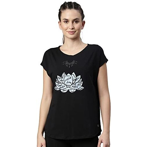 Enamor Athleisure Women's Relaxed Fit Long Length Short Sleeve Boat Neck 4 Way Stretch Antimicrobial Cotton Tee With Inspiring Graphics (E131-Jet Black / Lotus Graphic-S)