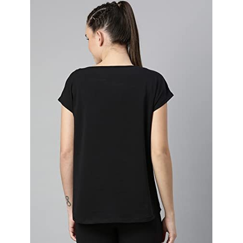 Enamor Athleisure Women's Relaxed Fit Long Length Short Sleeve Boat Neck 4 Way Stretch Antimicrobial Cotton Tee With Inspiring Graphics (E131-Jet Black / Lotus Graphic-S)
