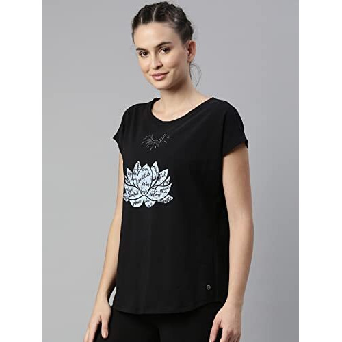 Enamor Athleisure Women's Relaxed Fit Long Length Short Sleeve Boat Neck 4 Way Stretch Antimicrobial Cotton Tee With Inspiring Graphics (E131-Jet Black / Lotus Graphic-S)