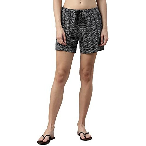 Enamor Essentials Women's Mid Rise Relaxed Fit Thigh Length Breathable Pure Cotton Shorts With 2 Side Pockets - E062(E062-Black Rings Aop-M)