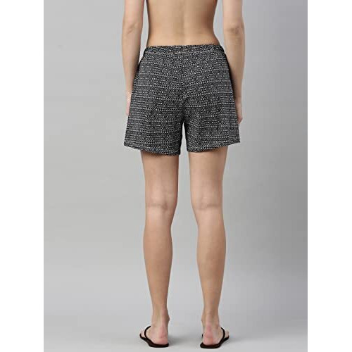 Enamor Essentials Women's Mid Rise Relaxed Fit Thigh Length Breathable Pure Cotton Shorts With 2 Side Pockets - E062(E062-Black Rings Aop-M)
