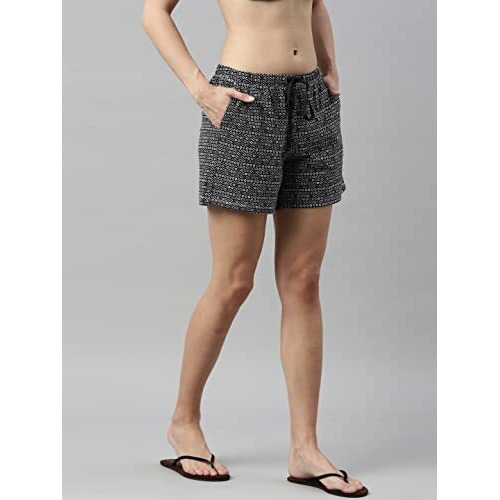 Enamor Essentials Women's Mid Rise Relaxed Fit Thigh Length Breathable Pure Cotton Shorts With 2 Side Pockets - E062(E062-Black Rings Aop-M)