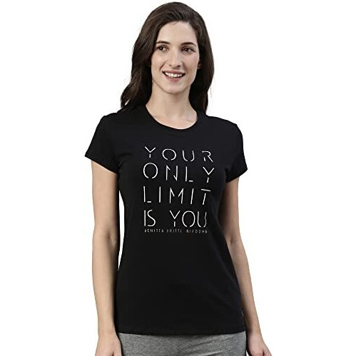 Enamor Essentials Women's Short Sleeve Crew Neck Slim Fit Breathable Stretch Cotton Tee With Graphic - E147(E147-Jet Black /Limit Graphic-S)