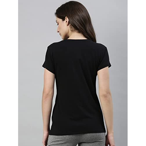 Enamor Essentials Women's Short Sleeve Crew Neck Slim Fit Breathable Stretch Cotton Tee With Graphic - E147(E147-Jet Black /Limit Graphic-S)