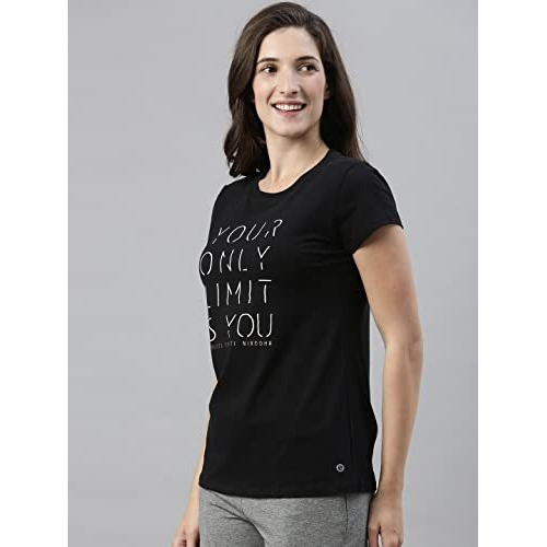 Enamor Essentials Women's Short Sleeve Crew Neck Slim Fit Breathable Stretch Cotton Tee With Graphic - E147(E147-Jet Black /Limit Graphic-S)