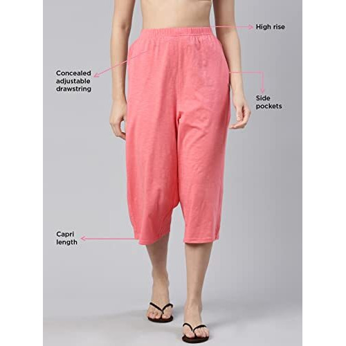 Enamor E402 High-Rise Cotton Slub Basic Culottes For Women With Concealed Adjustable Drawstring(E402_Pink Taffy_L)