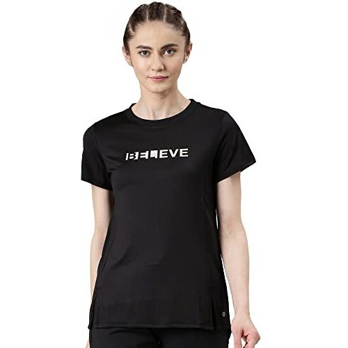 Enamor Women's Letter Print Relaxed Fit T-Shirt (A306_Jet Black Belive Graphic