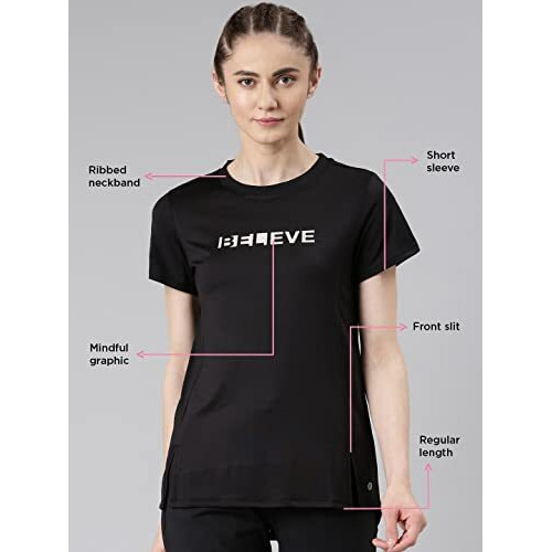 Enamor Women's Letter Print Relaxed Fit T-Shirt (A306_Jet Black Belive Graphic