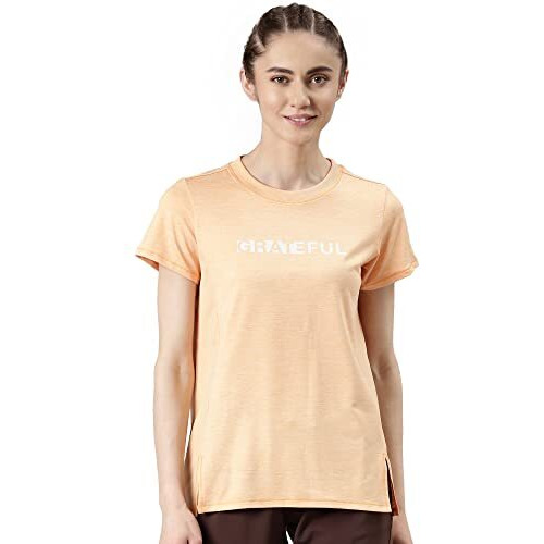 Enamor Women's Letter Print Relaxed Fit T-Shirt (A306_Muskmelon Melange Belive Graphic