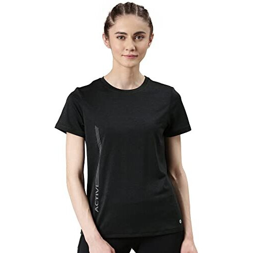 Enamor Dry Fit Antimicrobial Crew Neck Workout Tee For Women With Reflective Graphic(A309_Black Melange - Active Reflective_M)