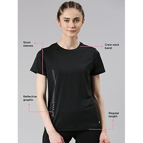 Enamor Dry Fit Antimicrobial Crew Neck Workout Tee For Women With Reflective Graphic(A309_Black Melange - Active Reflective_M)