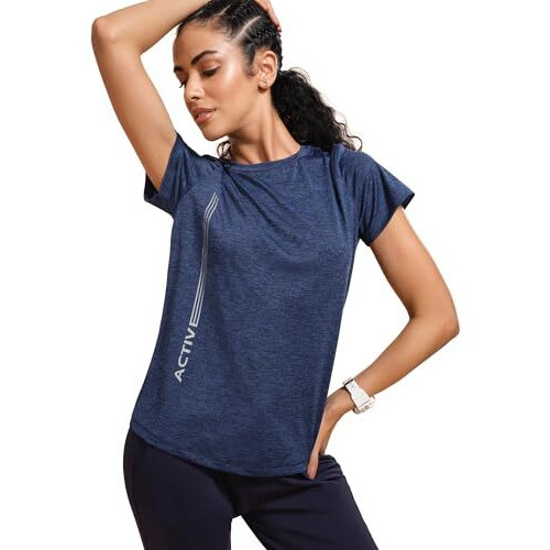 Enamor Dry Fit Antimicrobial Crew Neck Workout Tee For Women With Reflective Graphic(A309_Navy Melange - Active Reflective_S)