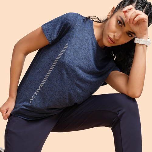 Enamor Dry Fit Antimicrobial Crew Neck Workout Tee For Women With Reflective Graphic(A309_Navy Melange - Active Reflective_S)