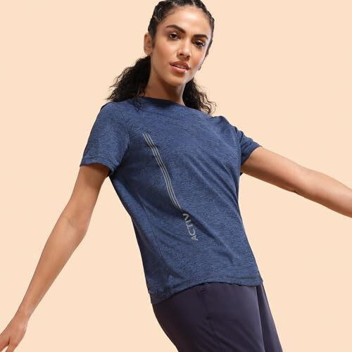 Enamor Dry Fit Antimicrobial Crew Neck Workout Tee For Women With Reflective Graphic(A309_Navy Melange - Active Reflective_S)