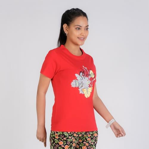 Rupa Colors Playsure Printed Cotton Blended Round Neck Women's T-Shirt, Short-Sleeve, Pack Of 1