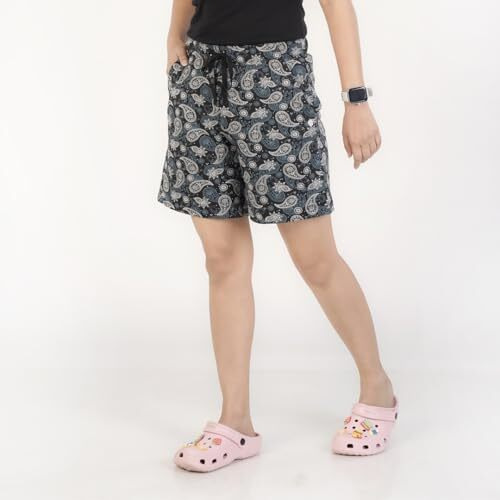 Rupa Colors Playsure Printed Shorts For Women, Leisurewear, Floral Printed Shorts, Loungewear Jet Black