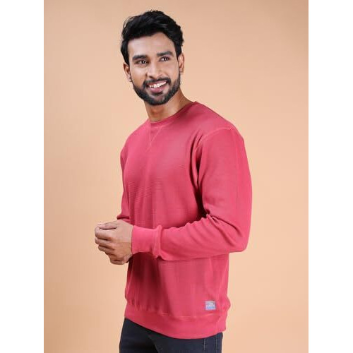 Colors Waffle Texture Full Sleeve T-Shirt For Men - 100% Cotton, Ribbed Crew Neck, Breathable Fabric, Enhanced Texture, Super Stretchable, Label-Free Comfort, Anti-Fungal Dye. Pack Of 1 Berry Pink