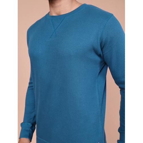 Colors Waffle Texture Full Sleeve T-Shirt For Men - 100% Cotton, Ribbed Crew Neck, Breathable Fabric, Enhanced Texture, Super Stretchable, Label-Free Comfort, Anti-Fungal Dye. Pack Of 1 Coast Blue