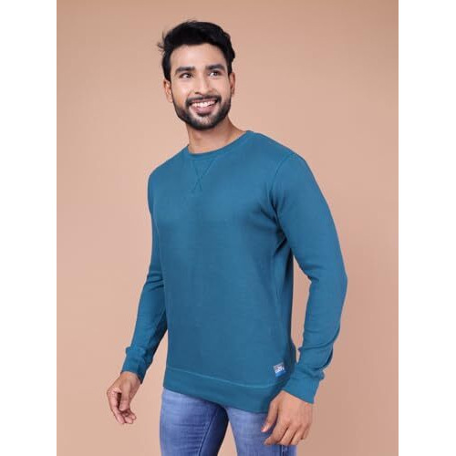 Colors Waffle Texture Full Sleeve T-Shirt For Men - 100% Cotton, Ribbed Crew Neck, Breathable Fabric, Enhanced Texture, Super Stretchable, Label-Free Comfort, Anti-Fungal Dye. Pack Of 1 Coast Blue