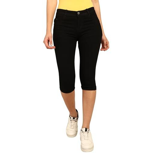 Nifty Women's Denim Stretchable Slim Fit Capris (Cpri_Pln_Blk_30_Black_30)