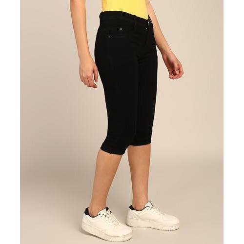 Nifty Women's Denim Stretchable Slim Fit Capris (Cpri_Pln_Blk_30_Black_30)