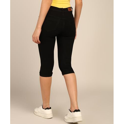 Nifty Women's Denim Stretchable Slim Fit Capris (Cpri_Pln_Blk_30_Black_30)