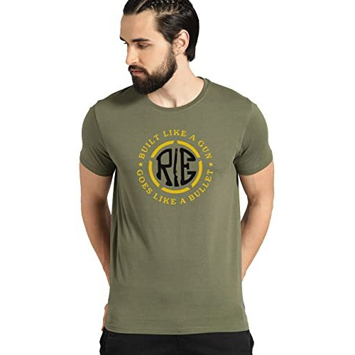 Adro Built Like A Gun Goes Like A Bullet Mens Printed T-Shirt (S, Olive Green)