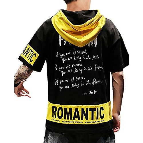 Eyebogler Men's Trendy Half Sleeves Hooded Neck Printed T-Shirt Yellow