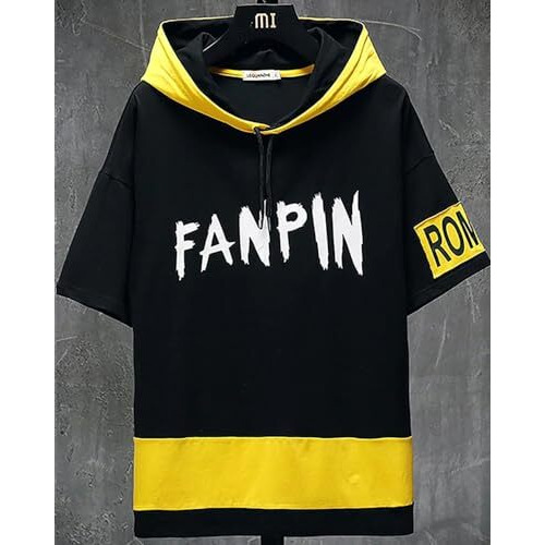 Eyebogler Men's Trendy Half Sleeves Hooded Neck Printed T-Shirt Yellow