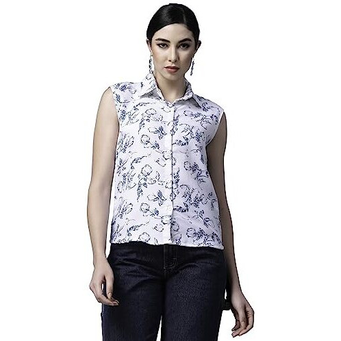 Oomph Summer Shirts For Women, Floral Printed, White, Blue