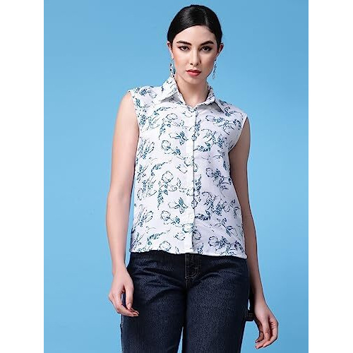 Oomph Summer Shirts For Women, Floral Printed, White, Blue