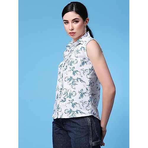 Oomph Summer Shirts For Women, Floral Printed, White, Blue