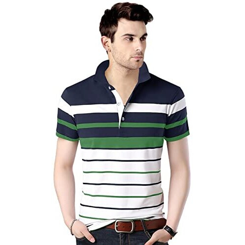 Eyebogler Men's Solid Regular Fit T-Shirt (T285Hs_Auto Striper7-Whie-Dark Navy-Green1 S)