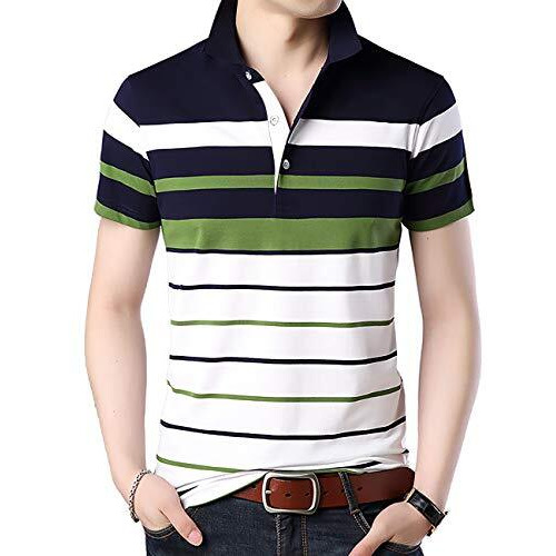 Eyebogler Men's Solid Regular Fit T-Shirt (T285Hs_Auto Striper7-Whie-Dark Navy-Green1 S)