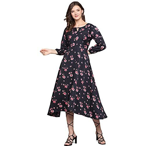 Lookmark Women's Crepe A-Line Maxi Dress (Ld104-S_Black_S)