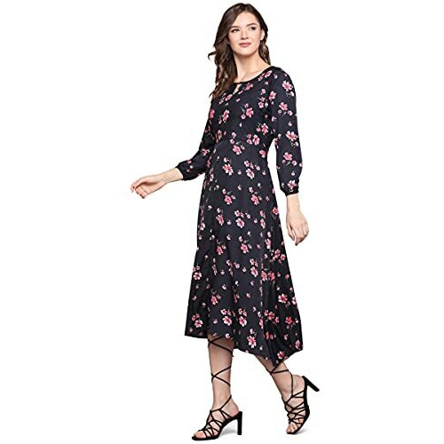 Lookmark Women's Crepe A-Line Maxi Dress (Ld104-S_Black_S)